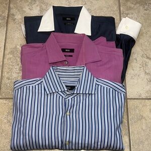 Boss Men's Dress Shirts - Navy, Pink, and Blue Stripes